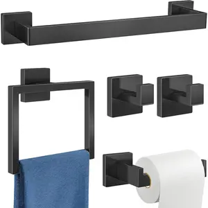 5-Piece Bathroom Hardware Accessories Set, Wall Mounted Stainless Steel Towel Racks for Bathroom, Matte Black 16In Towel Bar Set