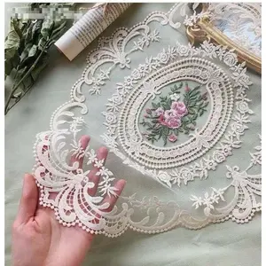 2 Pack Retro Lace Placemats, French Crochet Doilies, Handmade Embroidered Table Mats, 12x16 in Beige Place Mats Cup Mat