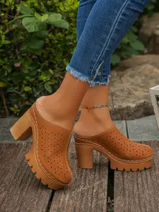 Women's Fashion High Heel Sandals, Closed Toe, Thick Sole, Hollow Out, Slip-On, 9.5cm Heel Height, PU Leather, Rubber Sole