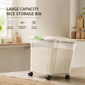 Food-Grade Sealed Rice Storage Bucket - Insect-Proof, Moisture-Proof, Large Capacity for Rice & Flour, Built-In Rice Cup, Strong Buckle Seal, 90° Open Lid, Rolling Wheels, Transparent Household Storage Container