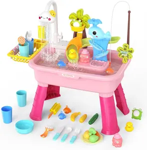 Kids Water Table Play Sink Set with Electric Faucet Pump, Fishing Game and Pretend Kitchen Accessories, Pink