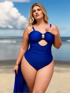 Women's Elegant Plus Size Royal Blue Off-Shoulder 1-Piece Bathing Suit - Tassel, Cutout, High Thigh Slit, Chest Detail, Tummy Control - Perfect for Beach, Pool - Sports & Outdoor Swimwear