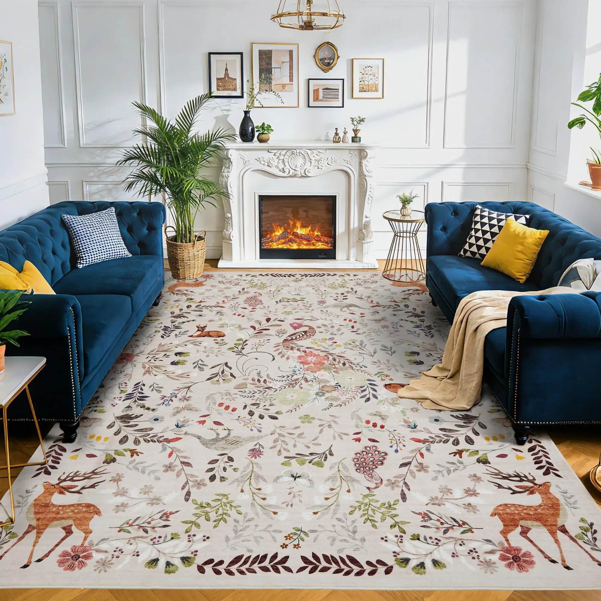 5x7 Washable Area Rug, Non-Slip Low Pile Stain Resistance Rug with Peacock and Deer, Animal Carpet for Living Room, Bedroom, Dining Room, Light Brown
