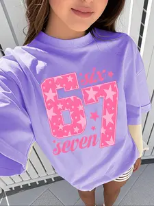 Girls' Fashion 67 Digital Pink Star T-shirt, Graphic Print Tee, trendy design, pink star pattern print design, color-blocking design, head-turning when going out, casual and comfortable, suitable for outdoor wear, street wear