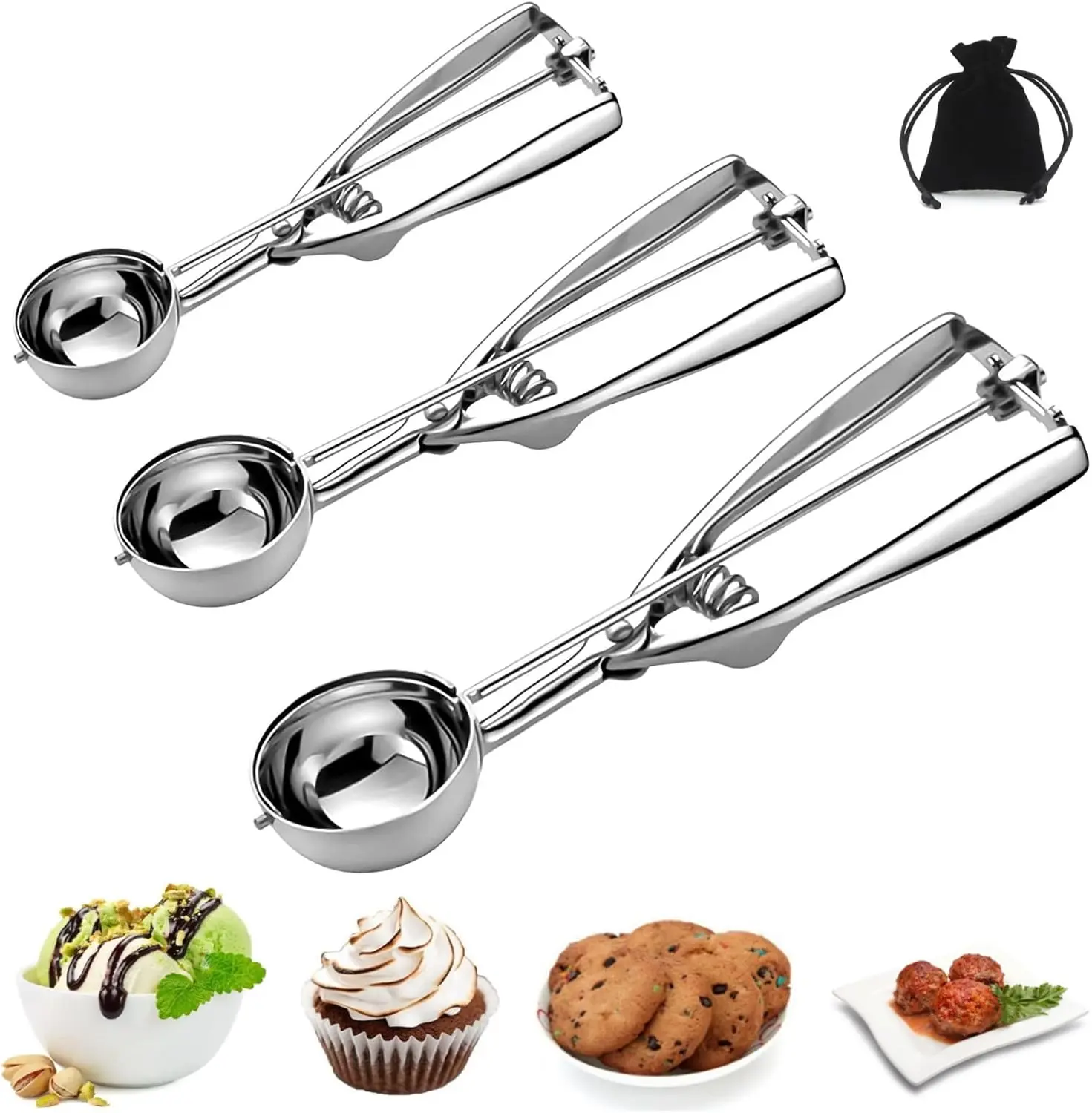 Ice Cream Scoop, 3 count Cookie Scoop Set, Stainless Steel Cookie Scoops for Baking Set of 3, Cookie Scooper for Baking, Ice Cream Scooper with Trigger Release, Cookie Dough Scoop
