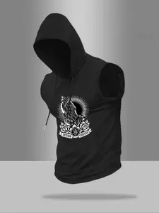 Men's Regular Fit Rose Print Hooded Tank Top, Casual Sleeveless Top for Summer, Fashion Men's Clothes for Daily Wear, Sweatshirts, Pullover