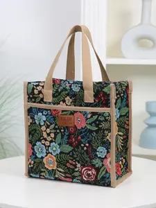 New Thick Knit Jacquard Fabric Floral Pattern Handbag, Large Capacity Portable for Work Picnic School Season Lunch Bag Women
