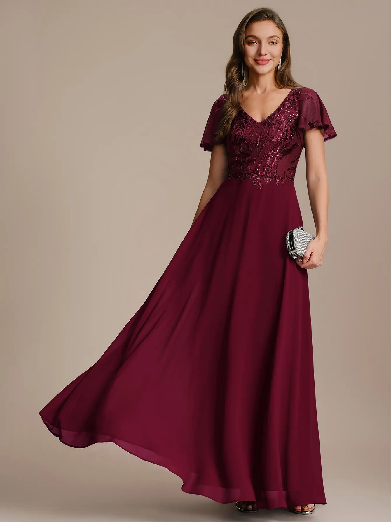 Ever-Pretty 2026 New Trend Applique Sequin V-Neck Ruffle Sleeve Mother of the Bride Dress – Sparkly A-Line Skirt & Back Zipper for Formal Wedding EM02735