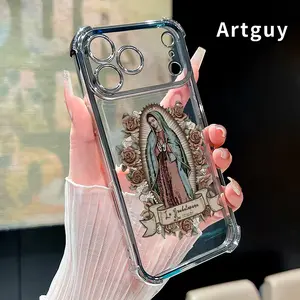 Virgin Mary Pattern Four Corner Anti-Fall Phone Case Transparent Electroplated Protective Cover for iPhone 17 Pro Max 16 Air 15 Plus 14 13 12 11 E