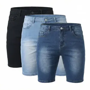 Men's Stretch Fitted Low-Rise Knee-Length Raw Wash Denim Shorts - Breathable Raw Hem, Button Closure, Pocket Design - Retro Chic Menswear Streetwear for Summer Casual, Outdoor Activities