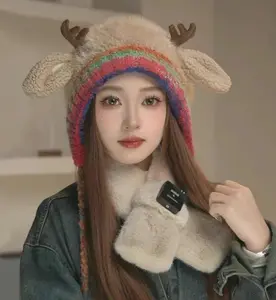 Christmas Reindeer Antler Hat, Knitted Warm WinterHat with Ear Protection, Windproof and Cozy,Adjustable Size Fits Kids to Adults, Multi-use Design -Can Also Be Used as a Handbag