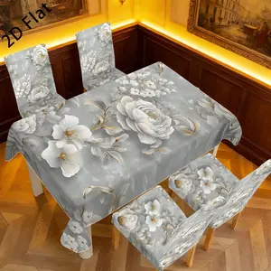 New 2D Flat Printed Tablecloth & Chair Cover Set, Dining Chair Slipcover, 5Pcs/7Pcs Rectangle Table Decor, Washable Reusable All-Season, Chair Covers Set
