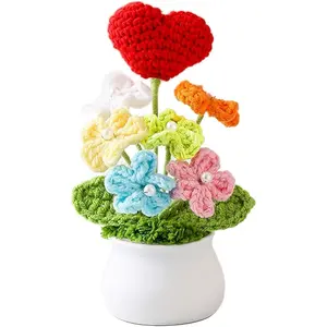 Knitting Crochet Flowers Potted Plants, Fake Forget Me Not Flowers and Knitted Heart for Friends, Family and Lover, Artificial Handmade Flowers for Birthday Valentine's and Home Decor (Red) Decorative Fruit Ornaments flower bouquets crochet flower bouquet