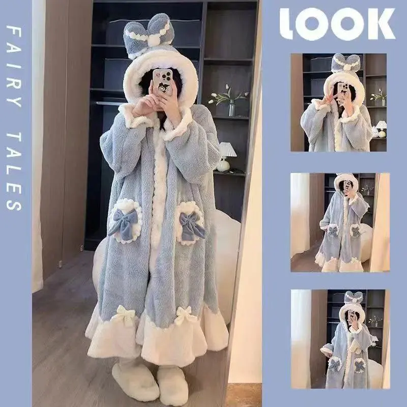 Bow Robe for Women Sleepwear Warm Fleece Pajama One Piece Nightgown Hooded Winter Nightdress Night Wears Cute Sleeping Homewear