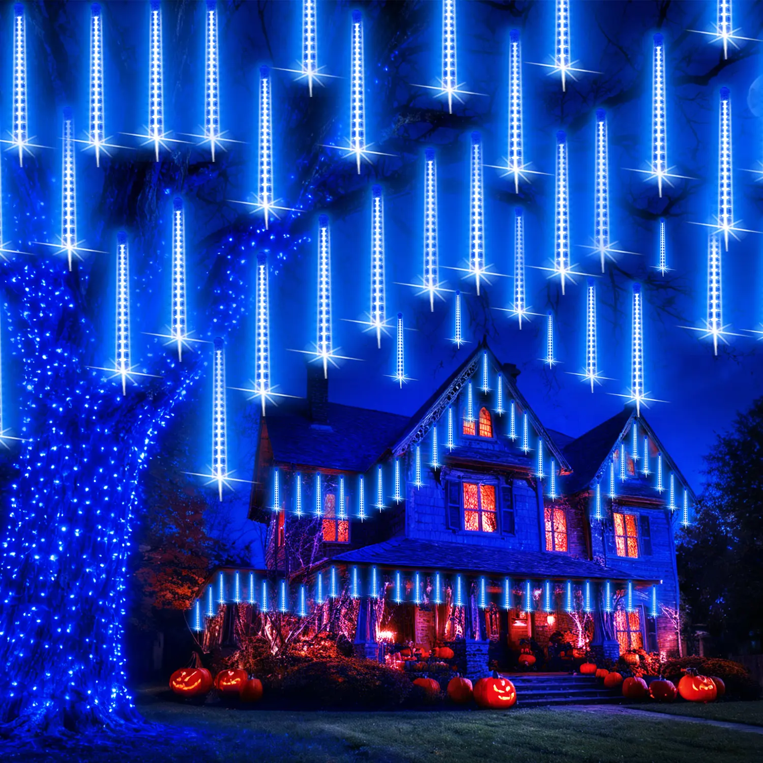 PEMOTech Indoor/Outdoor Decorative Light,Garden LED Light , 15 inch 24 Tubes 960 LED Meteor Shower Lights Plug in Waterproof Falling Rain Light for Xmas Tree Wedding Party Garden Holiday Rooftop Decorations (Multicolor) Diy Ornament
