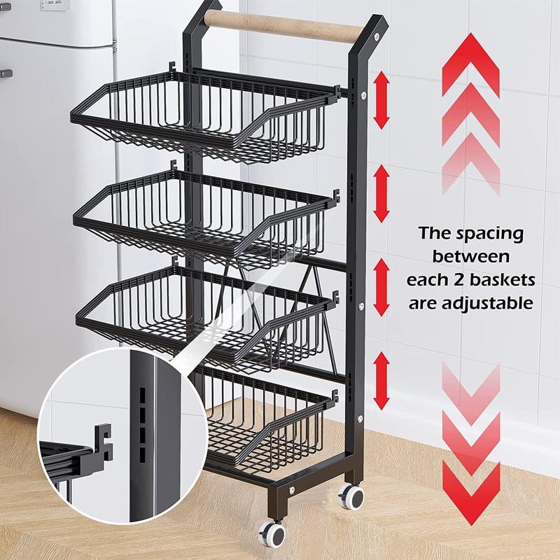 4-Tier Storage Cart with Wheels Rustproof Snack Cart Adjustable Vegetable Fruit Rack Rolling Pantry Utility Kitchen Cart with Solid Wood Handle Detachable Fruit Baskets 360°Movable Organiser