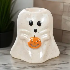 Glowing Pumpkin Ghost Wax Warmer • Halloween Night Light • Ceramic Oil Burner for Fall & Halloween Decor