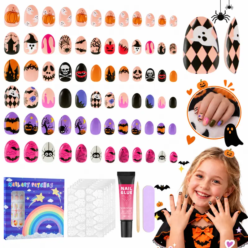 Kids False Nail Kit Set, 144PCS 6-Pack Colorful Floral Almond Press-Ons for 4-12 Year-Old Girls, Safe Ingredients, Jelly Tabs, Easy DIY Nail Art Kit, Christmas Kid Girl Gifts