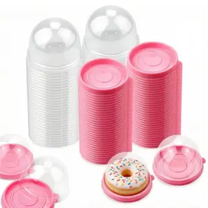 50 Pcs Clear Plastic Mini Cupcake Container, Mini Cupcake Box Muffin Dome Muffin Single Container Box for Wedding Birthday Cheese Pastry Dessert Cake (Pink)