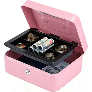Medium Cash Box with Money Tray,Small Safe Lock Box with Key, Drawer,7.87"x 6.30"x 3.54" Pink