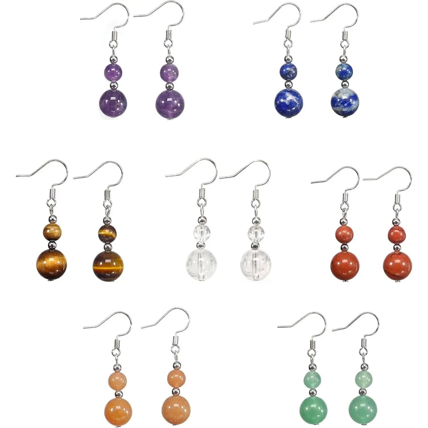 Genuine Stone Beaded Earrings 7 Pairs Dangle Earrings Chakra Earrings Healing Crystal Earrings Lightweight Colorful Earrings Gifts for Women Mom