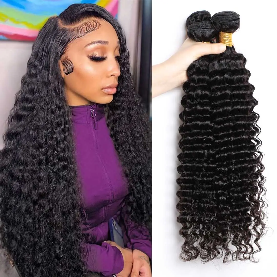 Human Hair Bundles Hair Extensions 12A Deep Wave 100% Unprocessed Virgin Hair Weft Bundles For Women Wet And Wavy Hair Weaving Bundles Sew In Burmese Curly Human Hair Bundles Natural Black