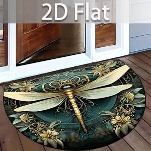 2D Flat Dragonfly Pattern Printed Rug, Non-Slip Half Round Door Mat, Suitable for Entrance Hall, Balcony, Garage, Corridor