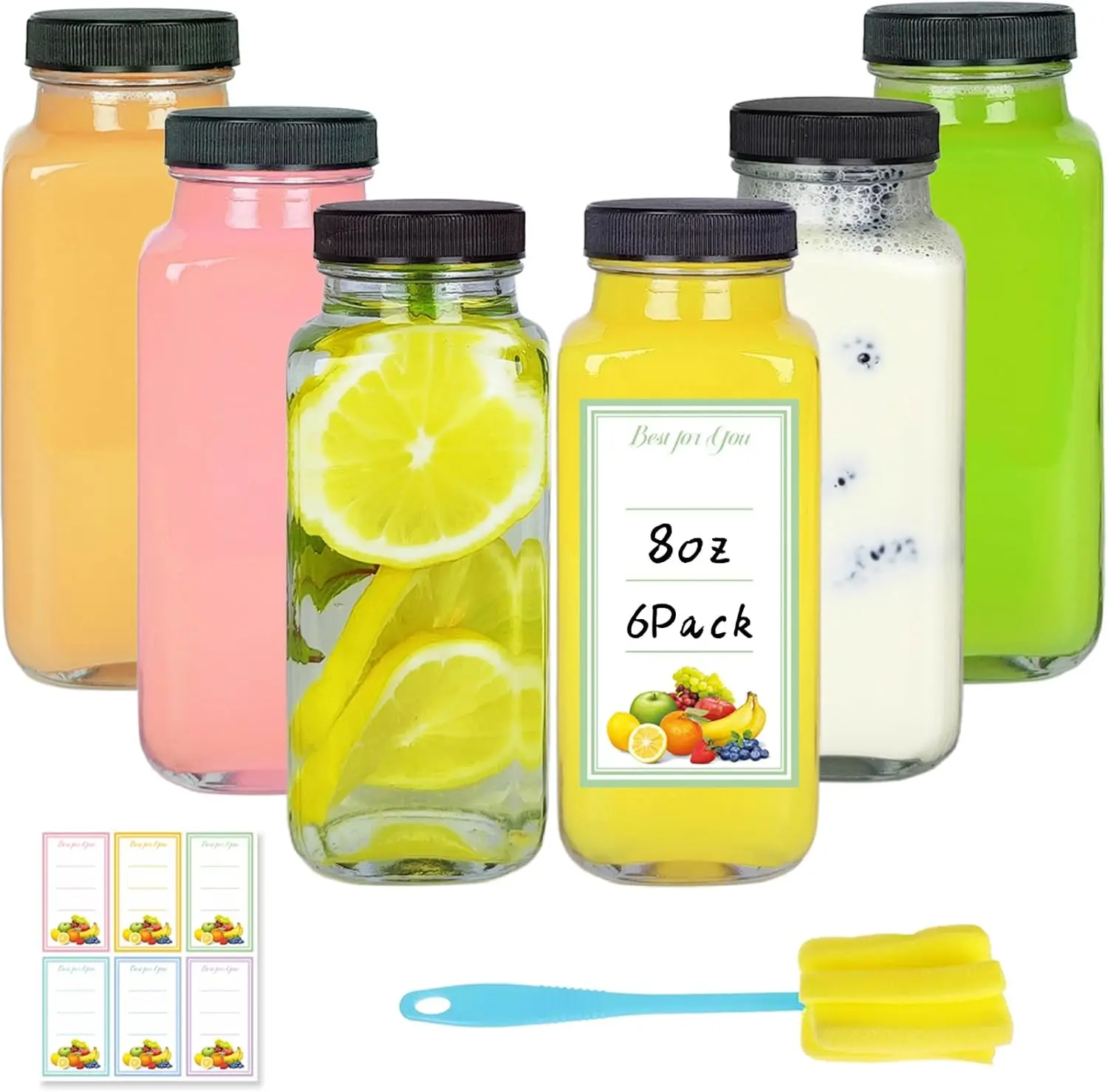 6 Pack 8oz Glass Juice Bottles with , 250ml  Glass Juicing Bottles, Square Drinking Jars Drink Containers with Caps for Water, Milk, Ginger, Kombucha, Beverages