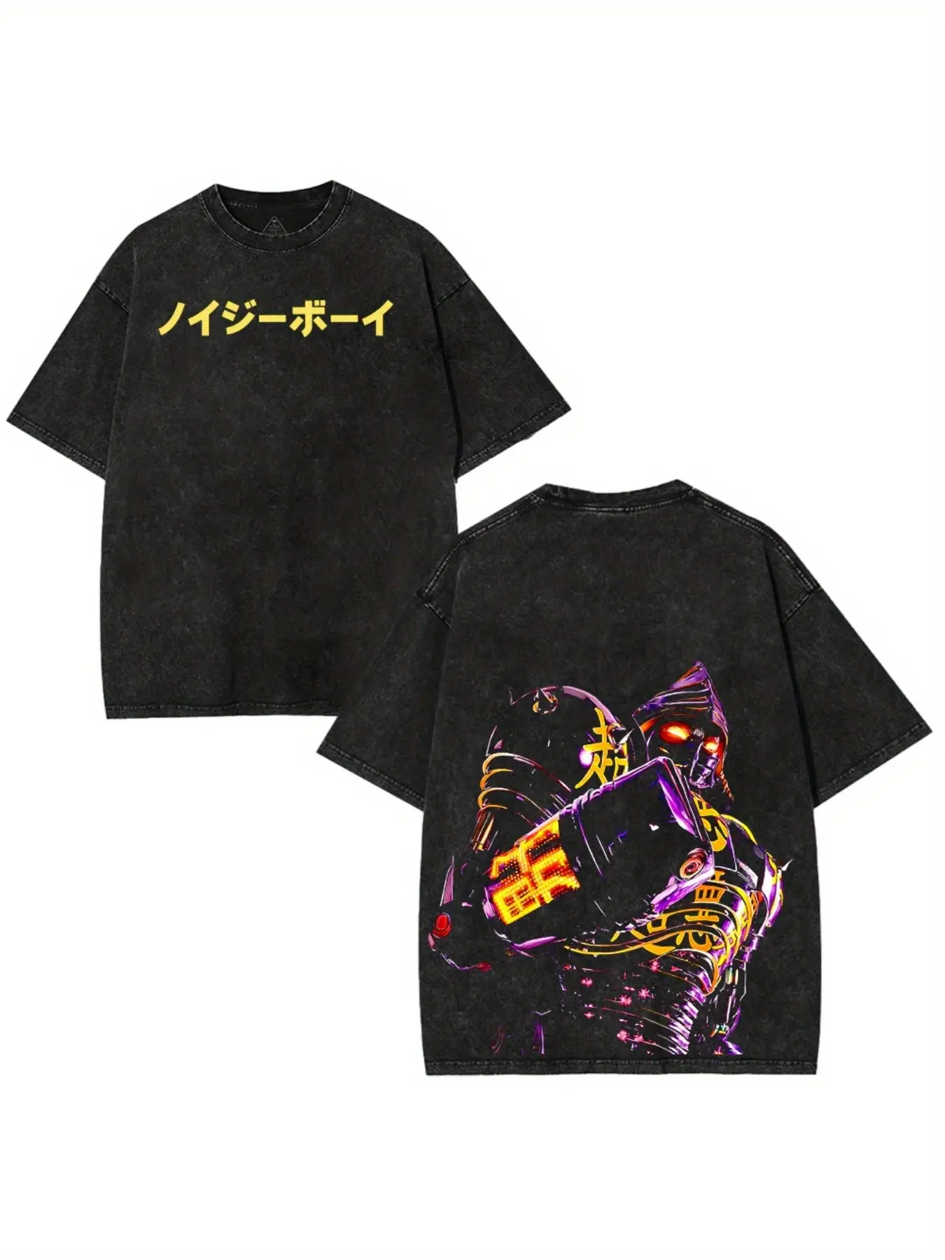 Menswear Vintage Short-Sleeve Distressed Heavyweight Washed Cotton T-Shirt - Loose Fit, Breathable, Japanese Neon Robot Graphic, Y2K Aesthetic Drip Style, Japanese Text - Festive Streetwear for Summer Casual Outfits, Shortsleeve, Tshirt