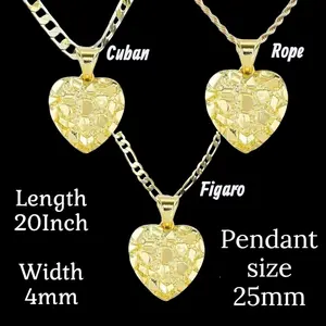 14K Gold Plated Nugget Set Pendant and Necklace - Textured Heart Minimalist Rope/Figaro/Cuban Chain 20" 4mm Pendant  Necklace for Men/Women Unisex Jewelry