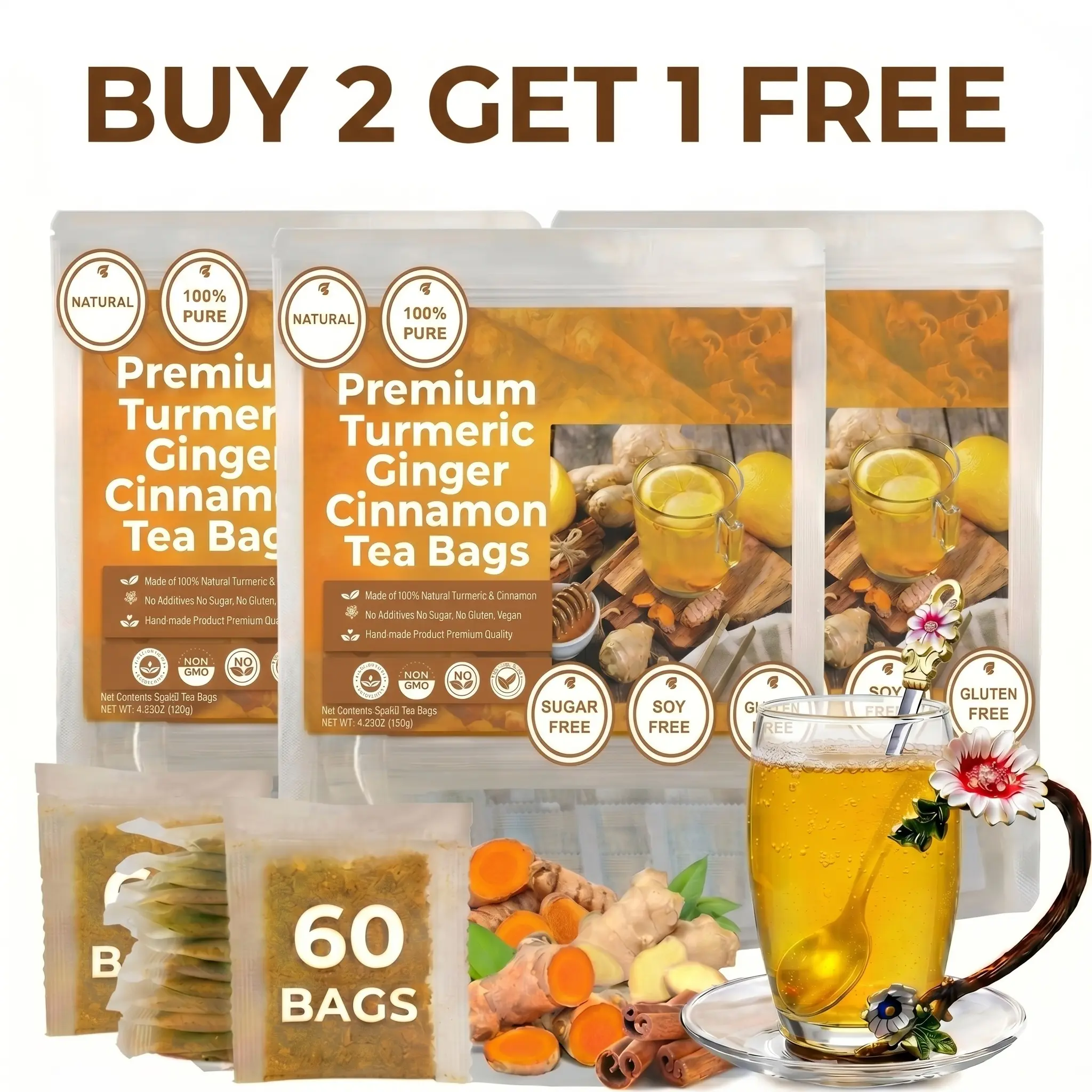 240/60/20Pcs Tea Bags, Ginger Tea, Turmeric Ginger Cinnamon Tea, Cinnamon Tea, Ginger Turmeric Tea, Tea Bag, Turmeric Ginger Cinnamon Tea Bags, No Sugar, NoCaffeine, No Gluten