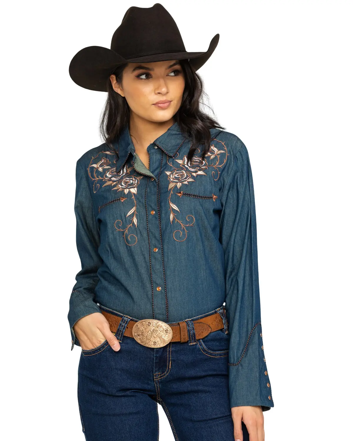 Scully Women's Women'S Rose Embroidered Denim Long Sleeve Pearl Snap - Pl-872-Dnm