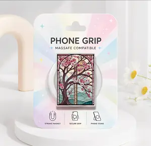 Stained Glass Cherry Blossom Phone Grip, Sakura Floral MagSafe Griptok, Pink Poppy Phone Stand, Kawaii Flower Pop Socket, Floral Theme Kindle Holder