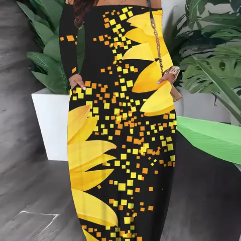 USBoutiqueCHIC Women's Plus Size Floral Print Maxi Dress Loose Fit Long Sleeve for Fall Soft Milk Touch Fabric Mandala Design
