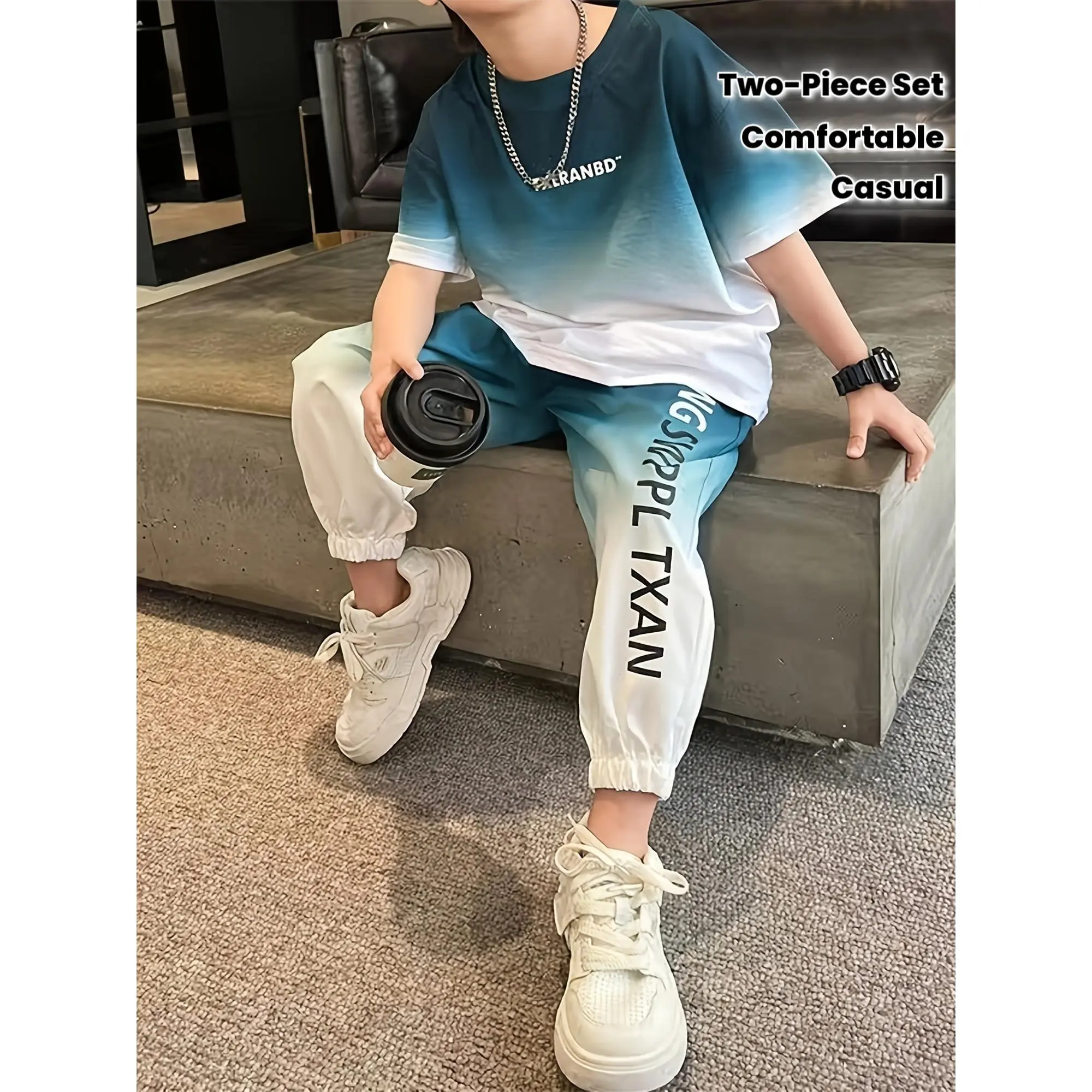 [Summer sports outfit] Comfortable Boys' Two-Piece Set |   Gradient Letter Print Pullover T-Shirt & Cropped Pants |   Summer Sports Outfit for Older Kids, Outdoor