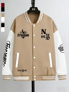 Ny Freedom Baseball Jacket Unisex, Sporty Geometric Design, Long Sleeve Loose Fit, All Seasons Wear, Essential Daily