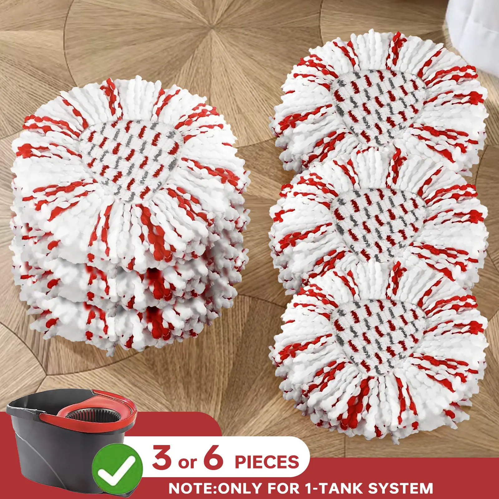 3 or 6 pack O-Cedar replacement set featuring a rotating floor head with an integrated cleaning pad, designed specifically for the O-Cedar EasyWring single-tank system. Easily removes stubborn stains. Floor head replacement, floor brush replacement.