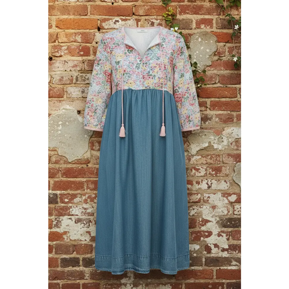 Small - Handmade Upcycled Pink Eyelet & Denim Dress | Feminine Cottagecore Fashion