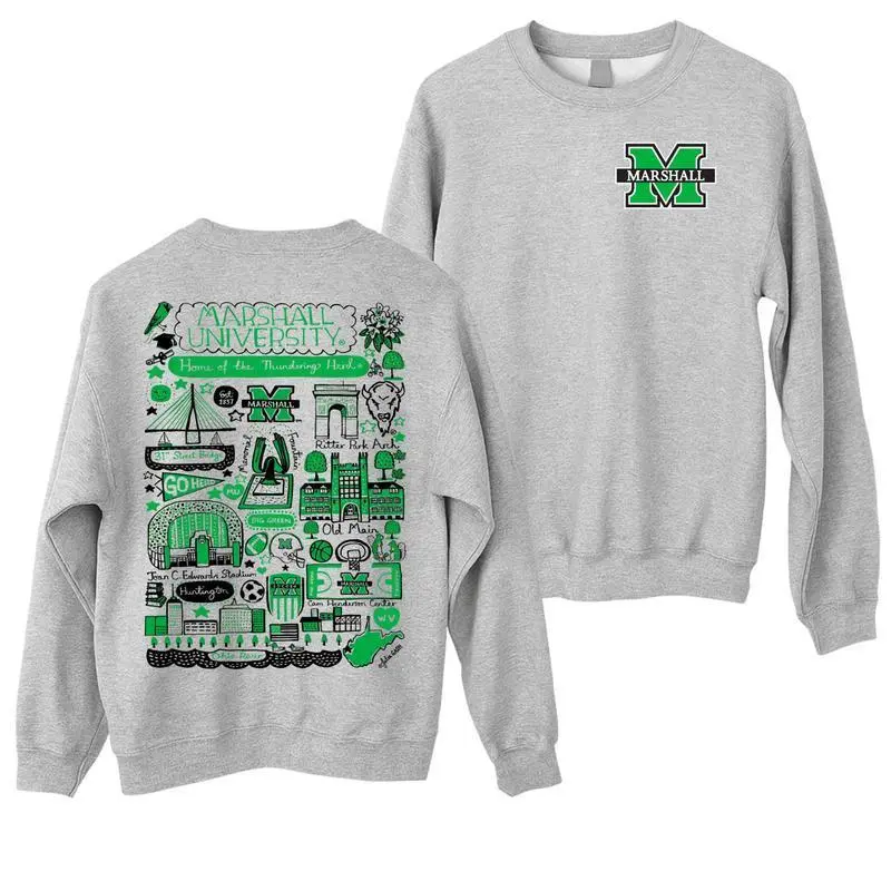 Marshall University Sweatshirt – Hand-Drawn Campus Landmarks Crewneck, Vintage Thundering Herd Pullover, Game Day Gift for Alumni