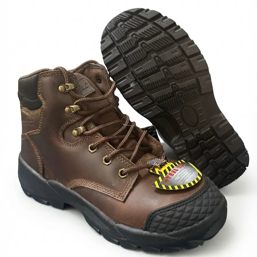 Steel Toe Brown Leather Work Boots with Durable Sole and Secure Laces for Outdoor Activities
