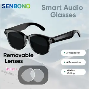 SENBONO Rectangular Smart Audio Glasses with Built-in Camera, Bluetooth Wireless Calling, Real-Time AI Translation, Open-Ear Stereo Speakers, Music Playback, Lightweight Comfortable Wearable for Casual Use