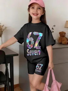 Cute Number 67 Print Short Sleeve Tight Pants Set, Girl Summer Sports Style Two-Piece, Casual Slim-Fitting Suit, Matching Outfits Set, Summer Clothing Set