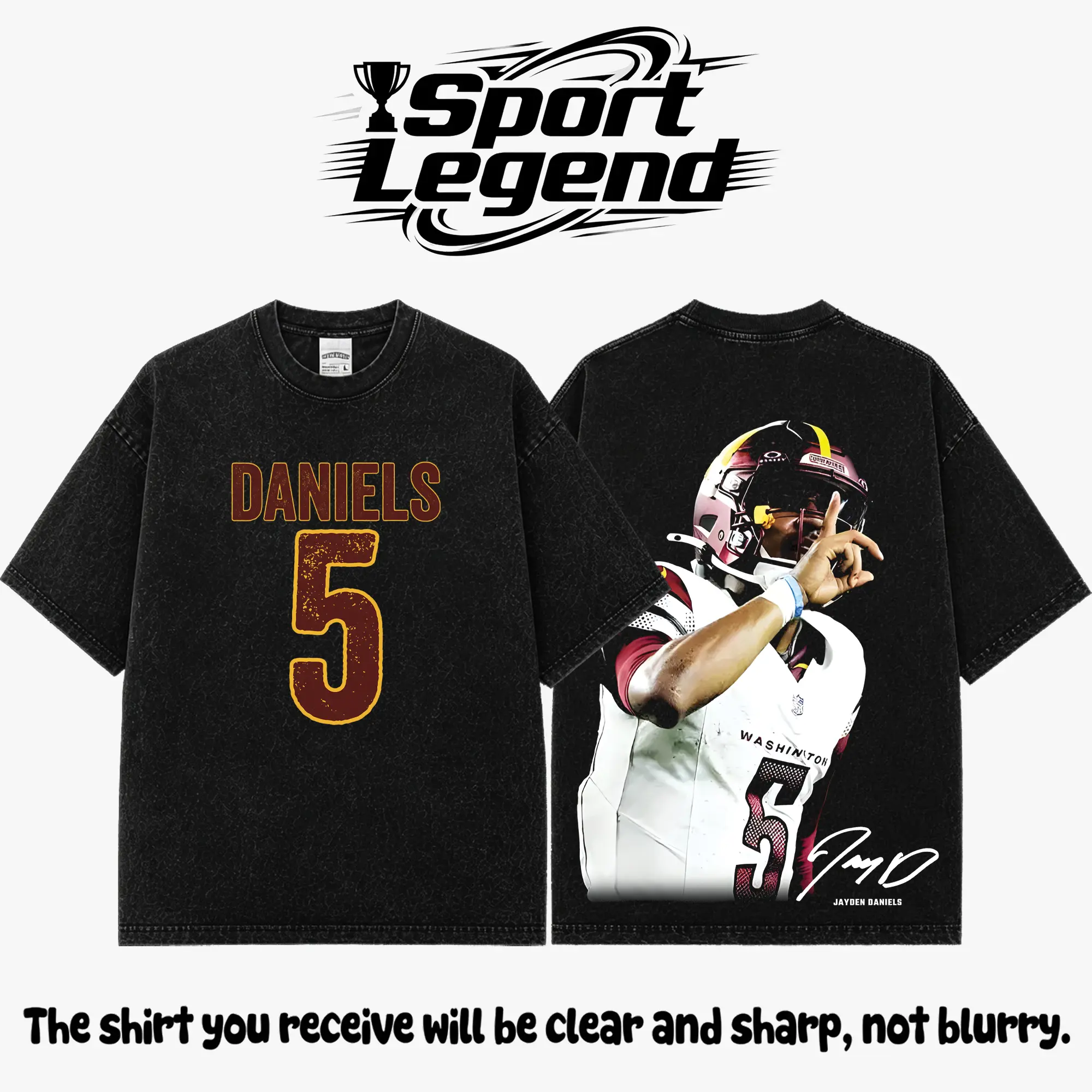 Jayden Daniels #5 Premium Acid Washed Cotton T-Shirt, Heavyweight Vintage Washed Graphic Tee, JD5 Football Fan Shirt, Commanders Game Day Apparel, Oversized Streetwear Tee, Unisex Football Gift