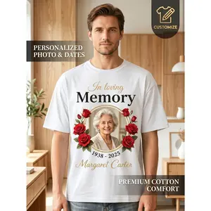 Personalized In Loving Memory Photo T-Shirt Custom Name Dates Memorial Tee Premium Cotton Comfort Short Sleeve Top for Men Women Funeral Remembrance Keepsake Rose Floral Frame Design Family Tribute Ca