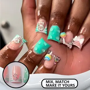 24 Pcs Duckbill 3D Mint Nails, Candy Bow Dollar Sign Design with Rhinestones, Sweet Cool Fake Nails, Nail Art, Includes Jelly Glue and Nail File