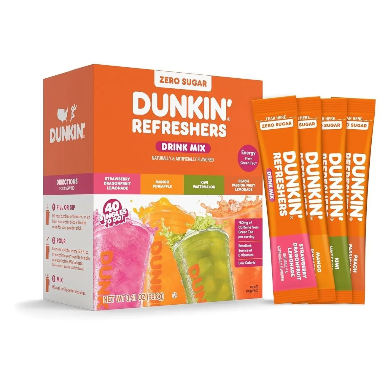 Singles To Go! Dunkin' Refreshers Green Tea Drink Mix Packets, 40 Count | Sugar Free, Loaded Tea Packets with Caffeine Energy from Green Tea, Aspartame-free, Just add water, Energy Drink Alternative Mixed Powder