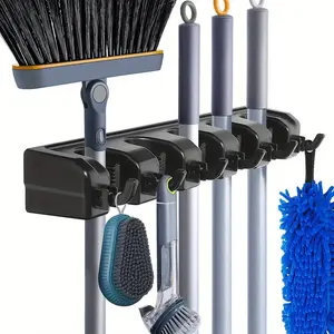 Heavy-Duty 1-Piece Wall Mount Broom & Mop Holder - 5-Slot & 6-Hook Organizer for Garden, Laundry Room, Closet, Garage Tools - Space-Saving Plastic Utility Rack with Easy Installation