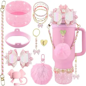 11 count Accessories for  Cup 40oz&30oz Tumbler Accessories Including  Cute Pink Bow Straw Topper Cover   Boot Leather Bottle Handle Strap Bracelet Y2K Pink Charms