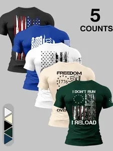 Men's 5-piece round neck T-shirt set, featuring the American flag and "Freedom" silk screen printed clothing. Ideal for patriotic events and Vintage casual wear on July 4th, this durable retro print is a must-have for proud American enthusiasts