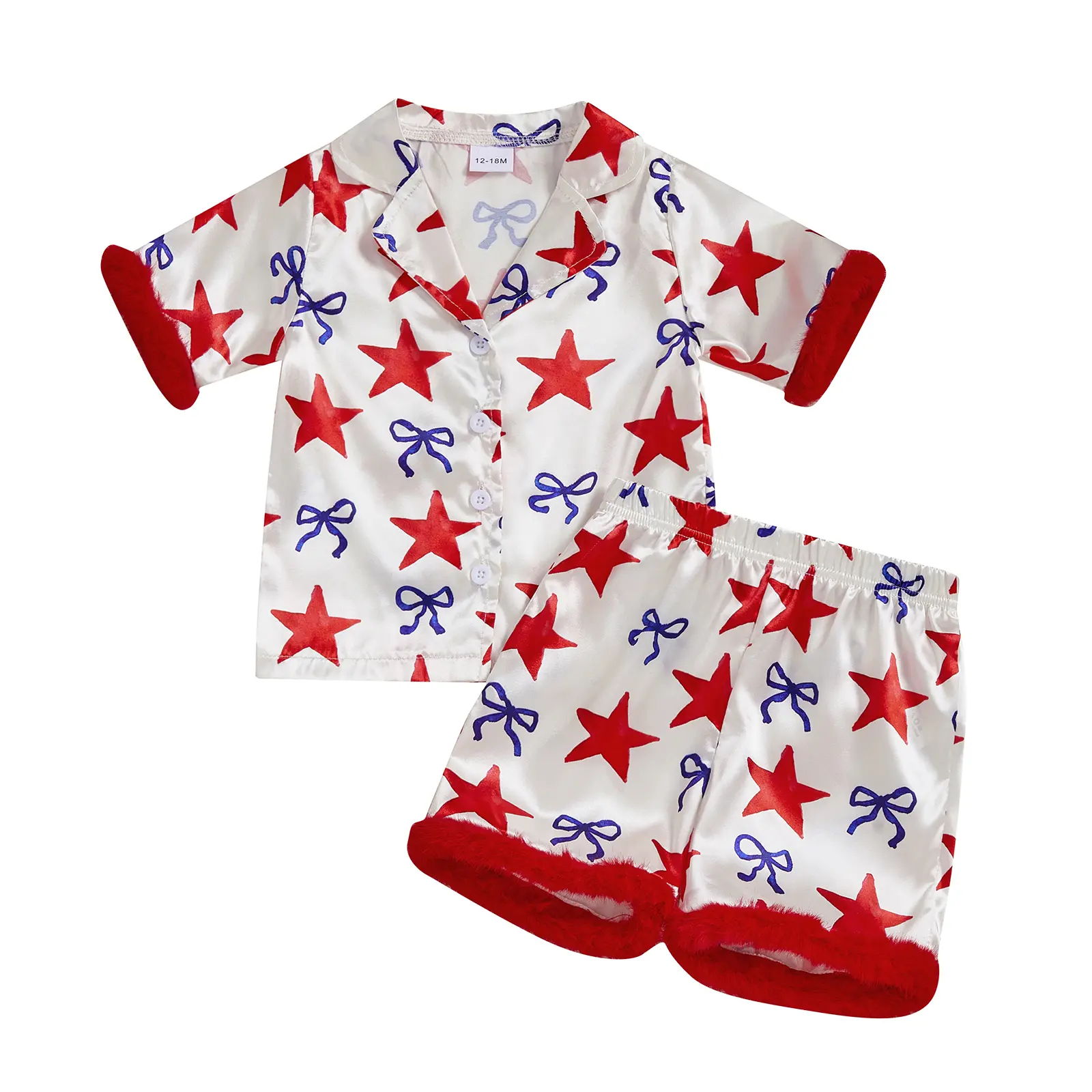 Toddler Girl 4th of July Pajamas Set Star Bow Print Lapel Plush Cuffs Short Sleeves Button Down Shirt Top Elastic Shorts Summer Satin Sleepwear